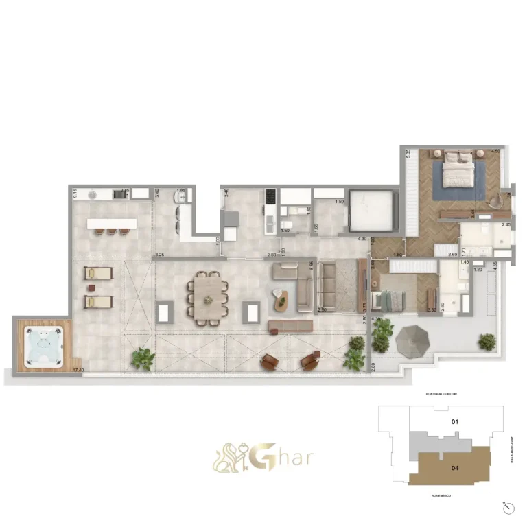 Planta penthouse 206,5 m² com 2 suítes do The Garden Klabin