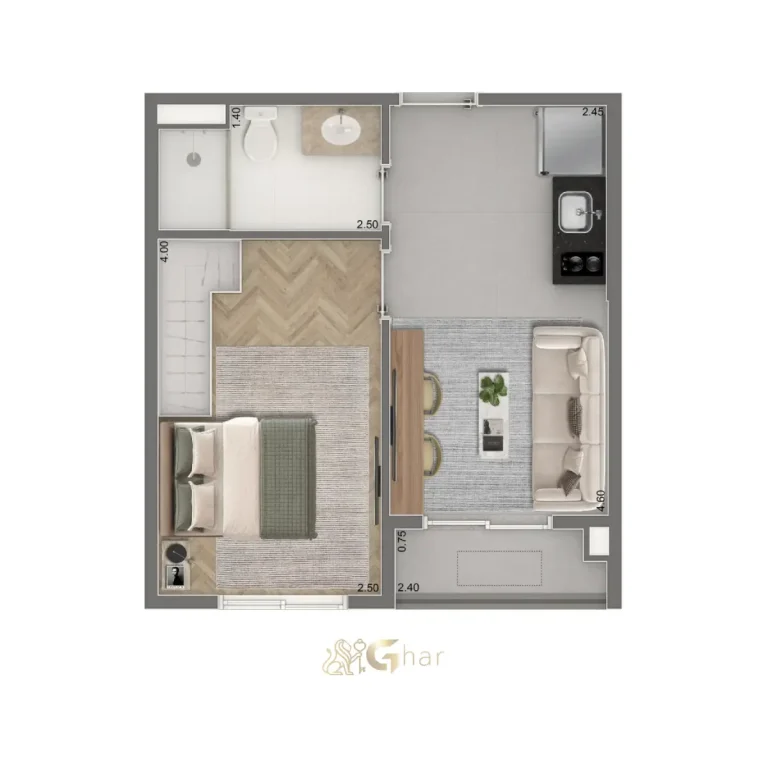 Planta do apartamento 1 dormitório 30,5 m² do The Palace Apartments