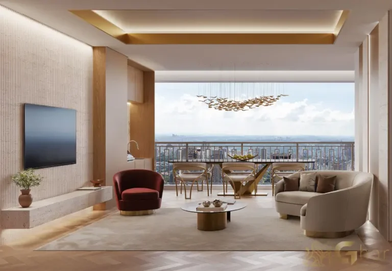 Sala de estar decorada da planta 76 m² no The Palace Oasis Vila Mariana