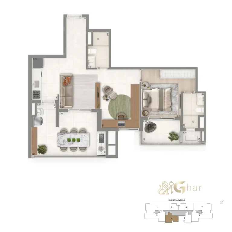 Planta 76 m² do The Palace Oasis com 1 suíte e cozinha aberta