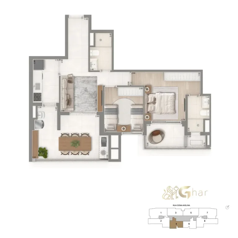 Planta 76 m² do The Palace Oasis com 2 dormitórios