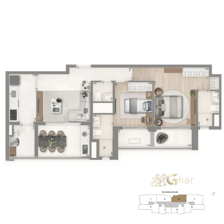 Planta 83 m² do The Palace Oasis com 2 suítes