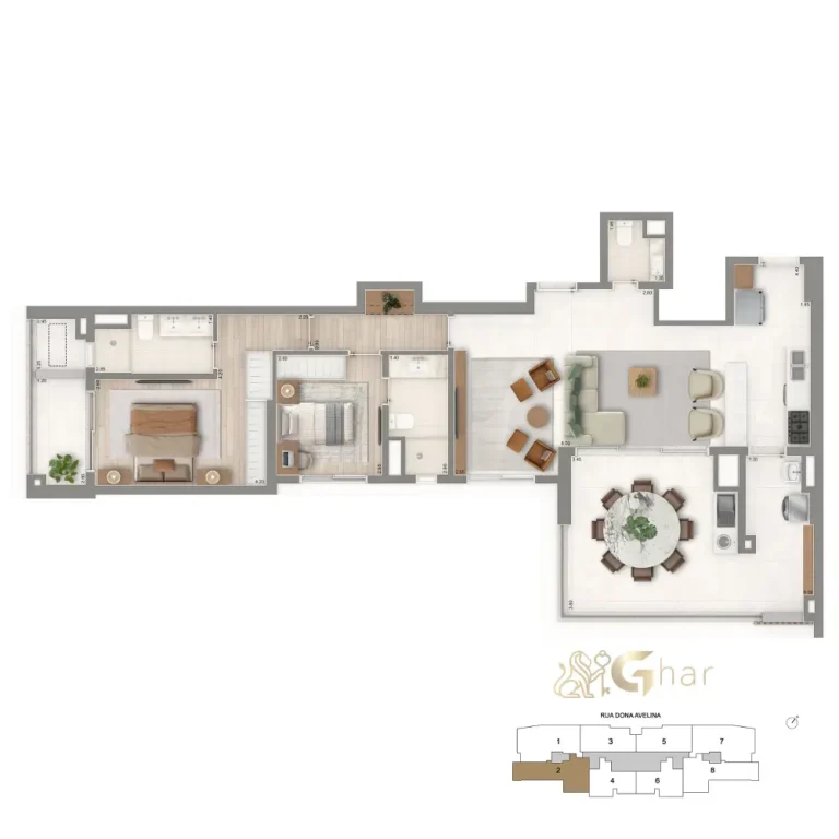 Planta 112 m² do The Palace Oasis com 2 suítes e cozinha ampliada