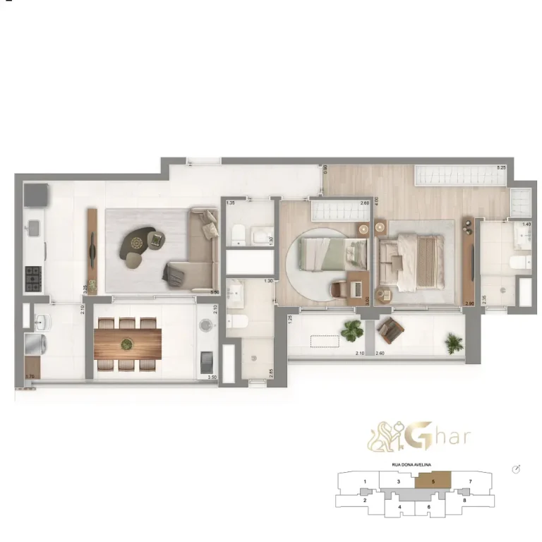 Planta 83 m² do The Palace Oasis com 2 suítes e cozinha ampliada