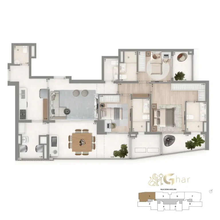 Planta 129 m² do The Palace Oasis com 3 suítes