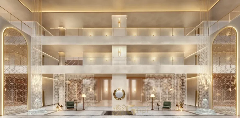 Lobby com pé-direito triplo do The Palace Royal Vila Mariana