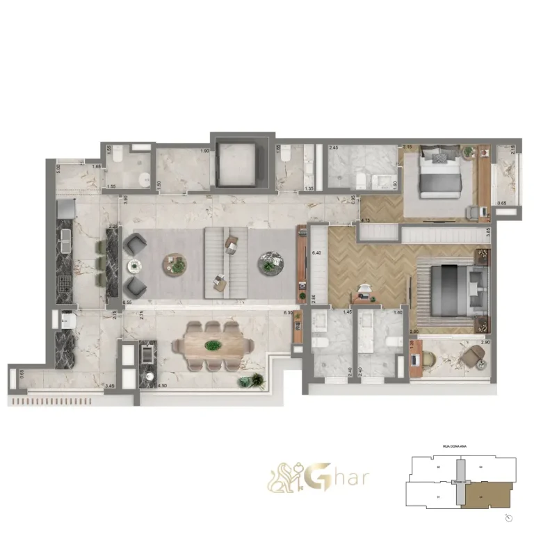 Planta 139 m² com 2 suítes e sala ampliada do The Palace Royal Vila Mariana