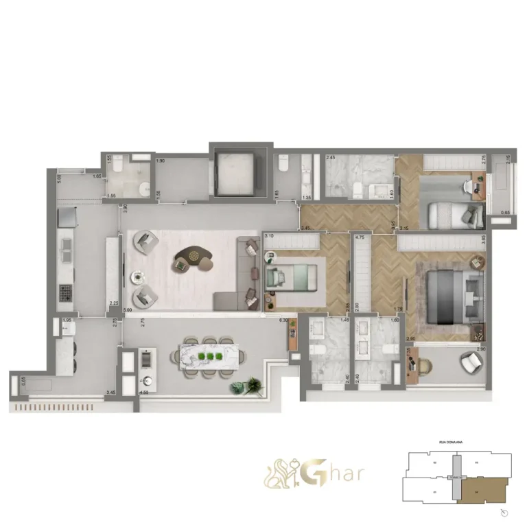 Planta 139 m² com 3 suítes do The Palace Royal Vila Mariana