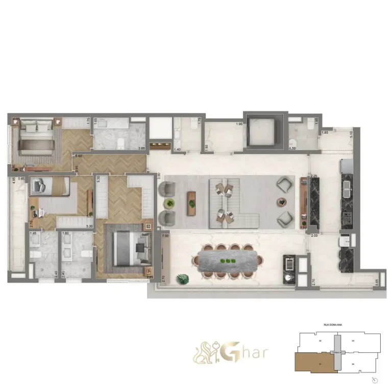 Planta 155 m² com 3 suítes e sala ampliada do The Palace Royal Vila Mariana