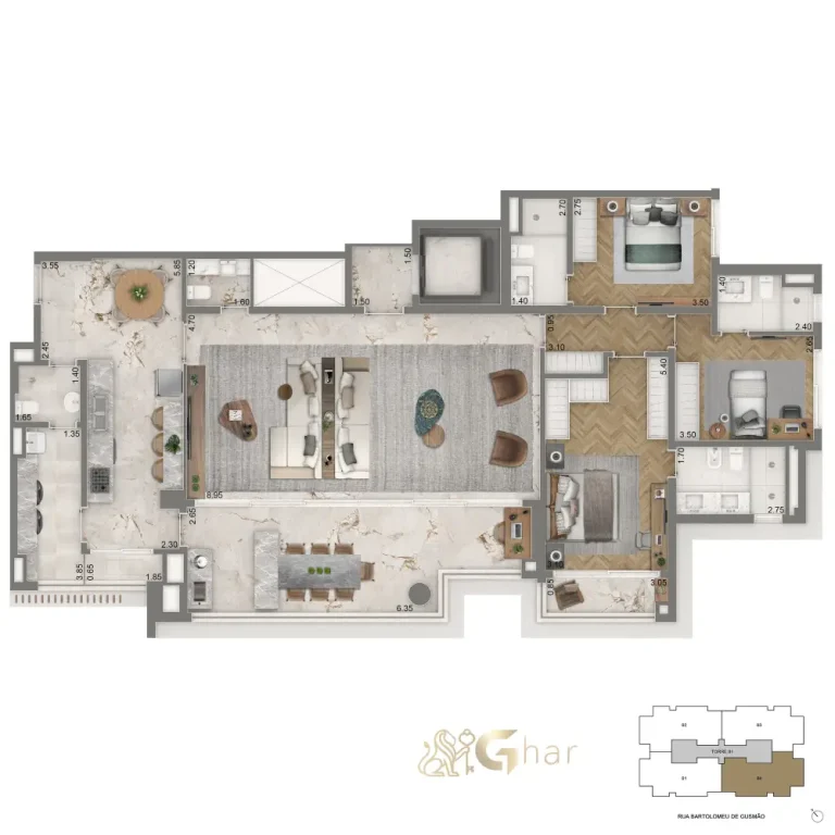 Planta 177,5 m² com 3 suítes e sala ampliada do The Palace Royal Vila Mariana