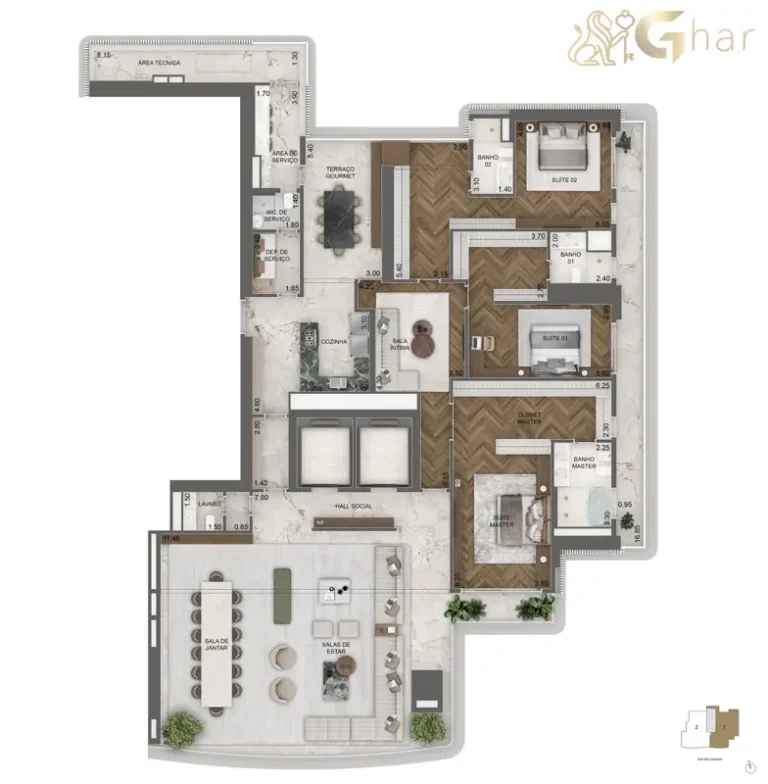 Planta 395 m² com 3 suítes do Vista Cyrela Furnished by ArmaniCasa Torre Milano