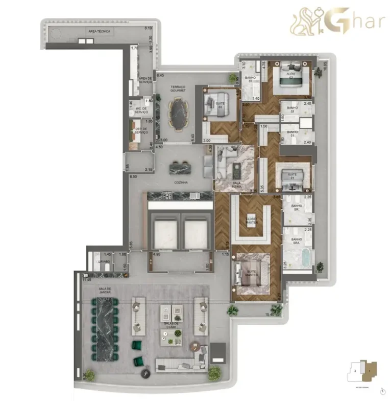 Planta 395 m² com 4 suítes e sala íntima do Vista Cyrela Furnished by ArmaniCasa Torre Milano