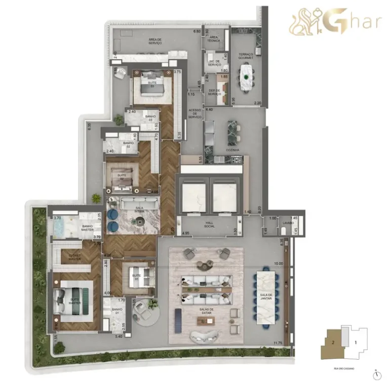 Planta 403 m² com 4 suítes do Vista Cyrela Furnished by ArmaniCasa Torre Milano