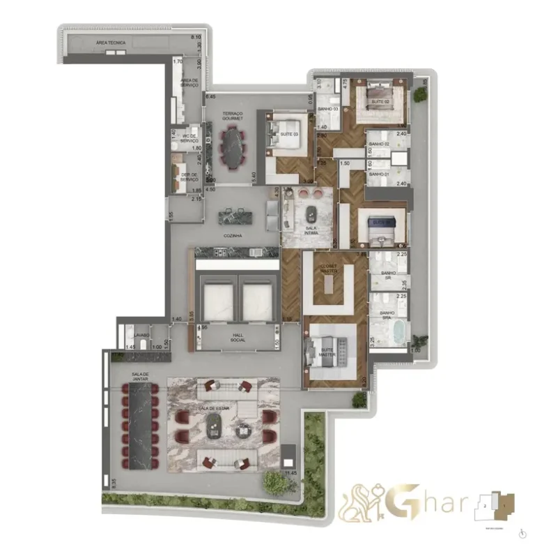 Planta 411 m² com 4 suítes do Vista Cyrela Furnished by ArmaniCasa Torre Milano