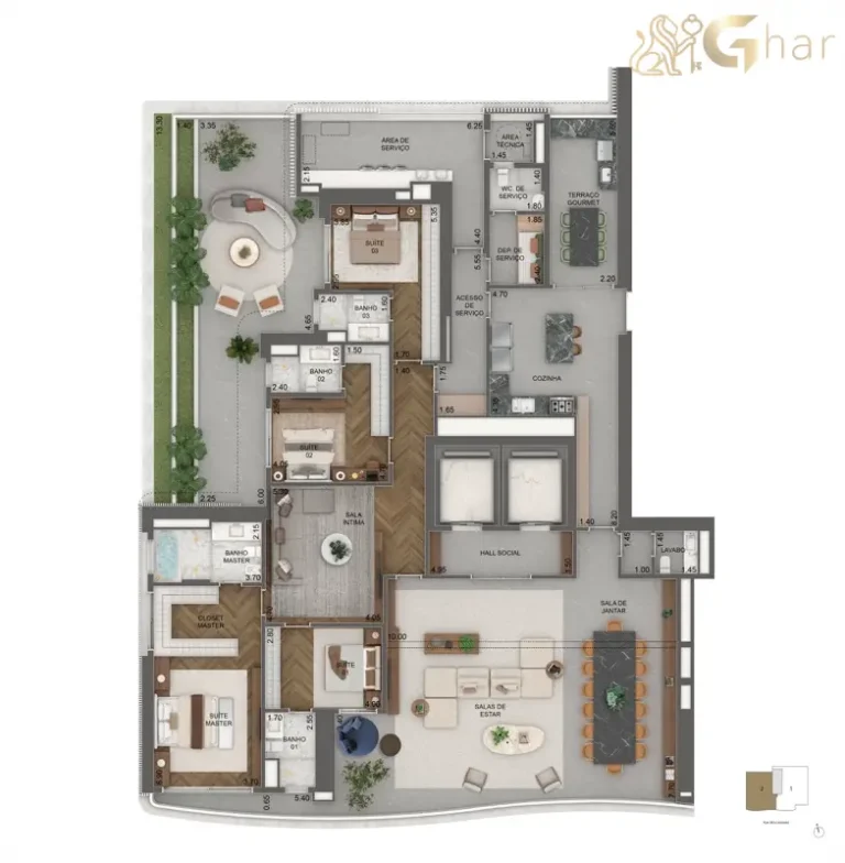 Planta garden 405 m² com 4 suítes do Vista Cyrela Furnished by ArmaniCasa Torre Milano