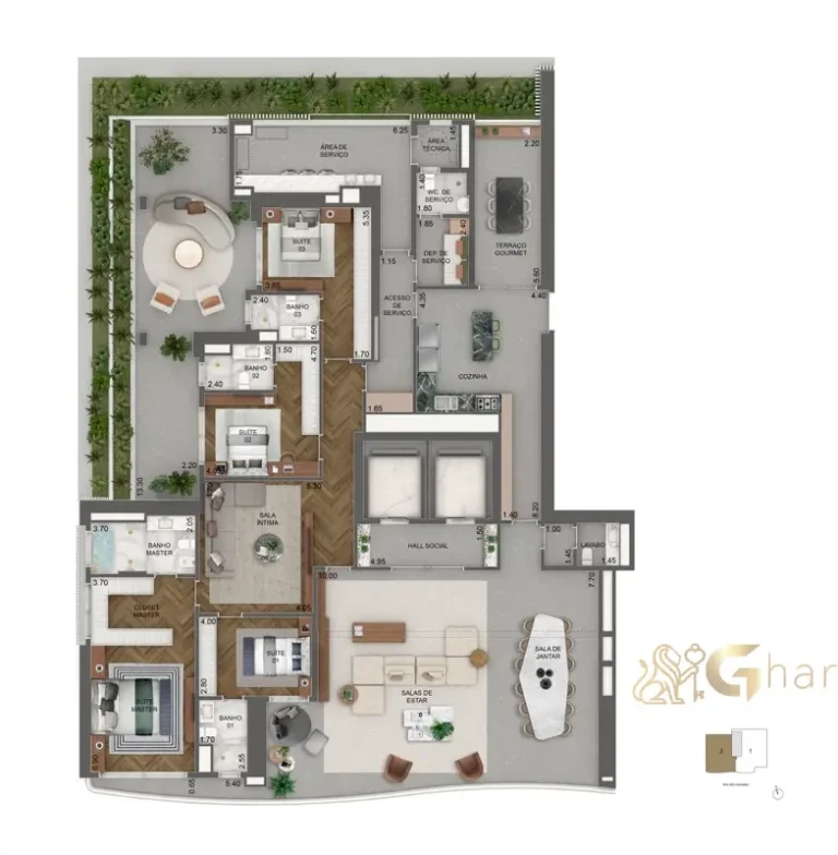 Planta garden 436 m² com 4 suítes do Vista Cyrela Furnished by ArmaniCasa Torre Milano