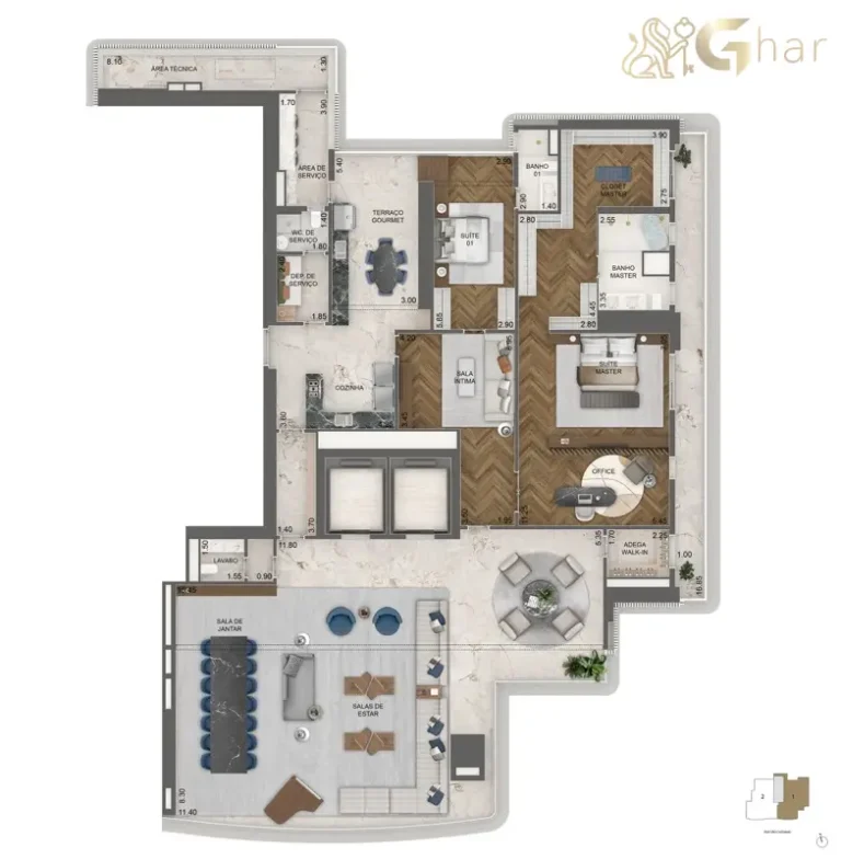 Planta 395 m² com home office e adega e 2 suítes do Vista Cyrela Furnished by ArmaniCasa Torre Milano