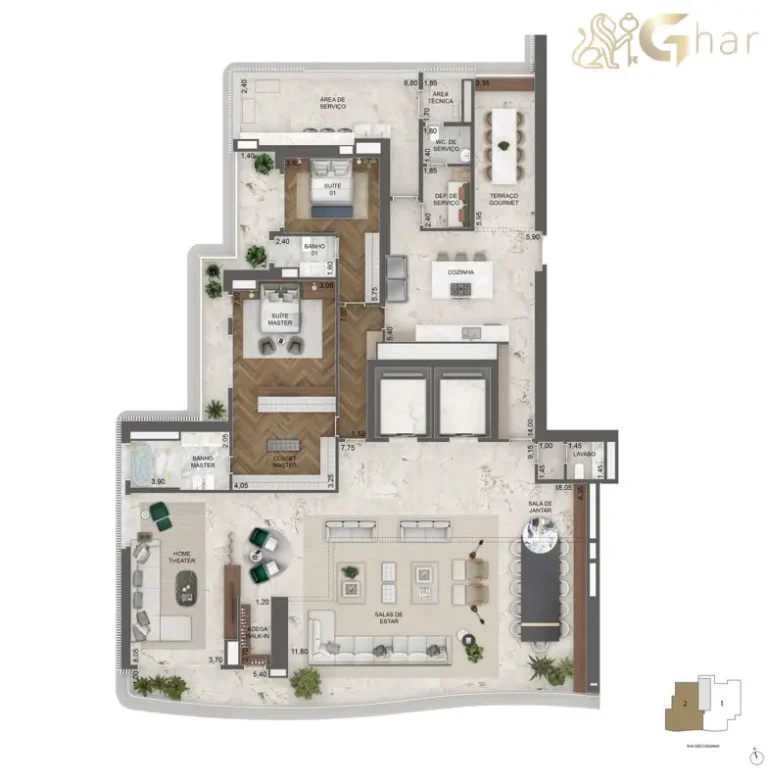 Planta 372 m² com home theater e 2 suítes do Vista Cyrela Furnished by ArmaniCasa Torre Milano