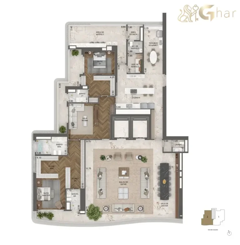 Planta 372 m² com master ampliada e 2 suítes do Vista Cyrela Furnished by ArmaniCasa Torre Milano