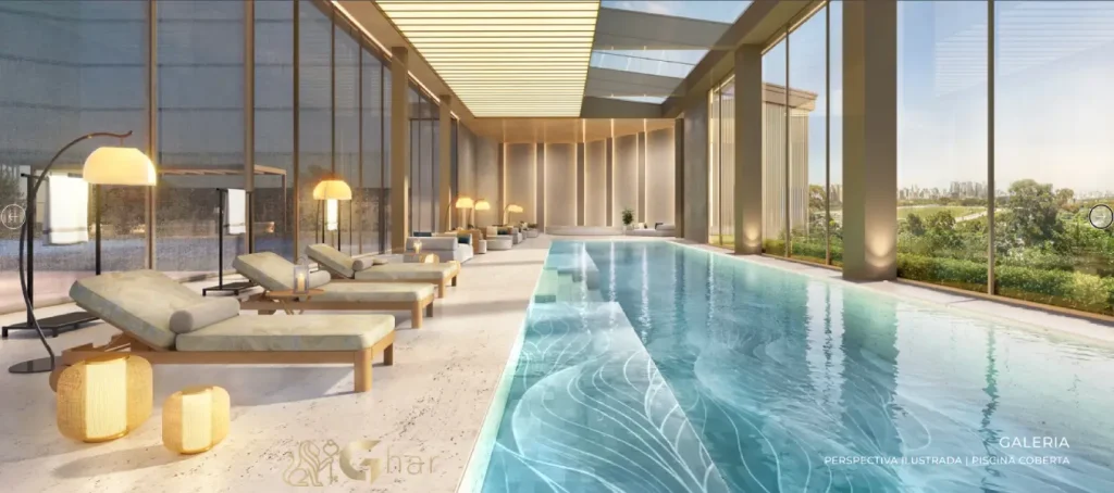 Piscina coberta do Vista Cyrela Furnished by ArmaniCasa Torre Milano no Jardim Guedala