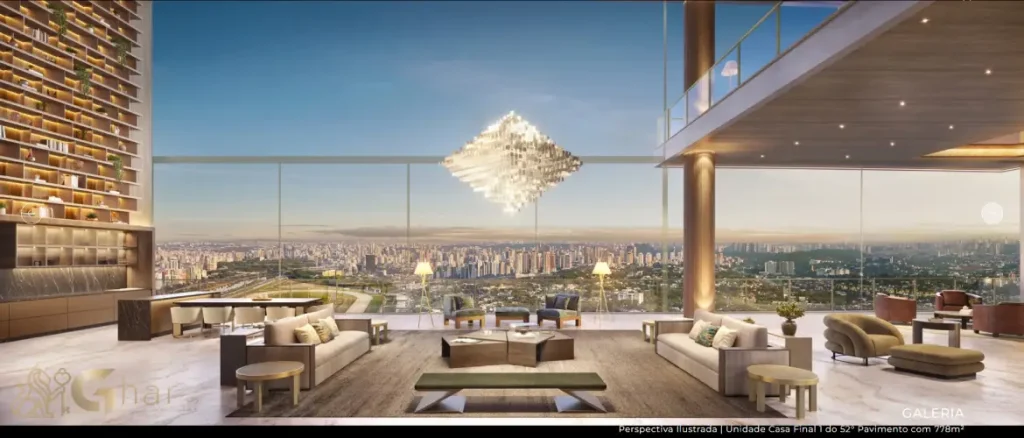 Living decorado do 52° pavimento 778 m² do Vista Cyrela Furnished by Armani/Casa Torre Venezia