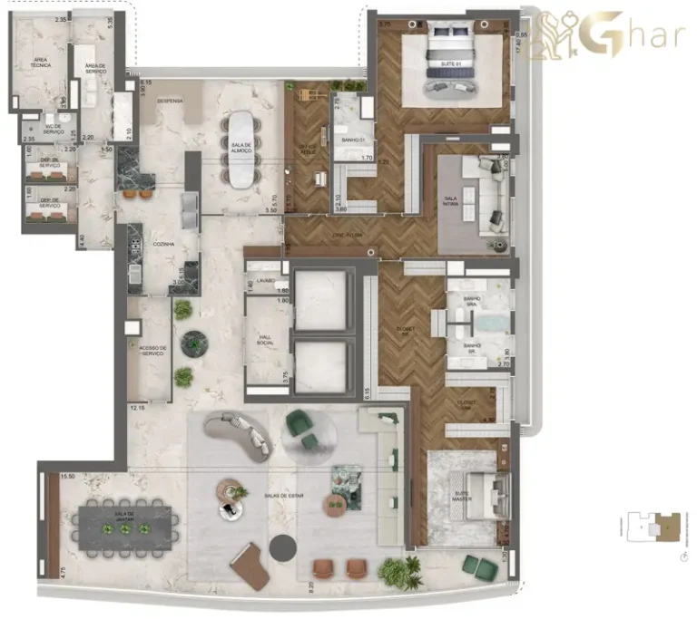 Planta 464 m² com 2 suítes e ateliê no Vista Cyrela Furnished by Armani/Casa Torre Venezia