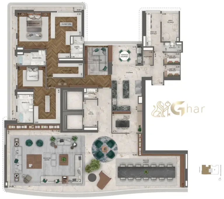 Planta 515 m² com 2 suítes e sala íntima do Vista Cyrela Furnished by Armani/Casa Torre Venezia