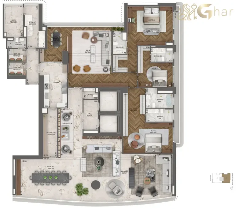 Planta 464 m² com 3 suítes e biblioteca no Vista Cyrela Furnished by Armani/Casa Torre Venezia