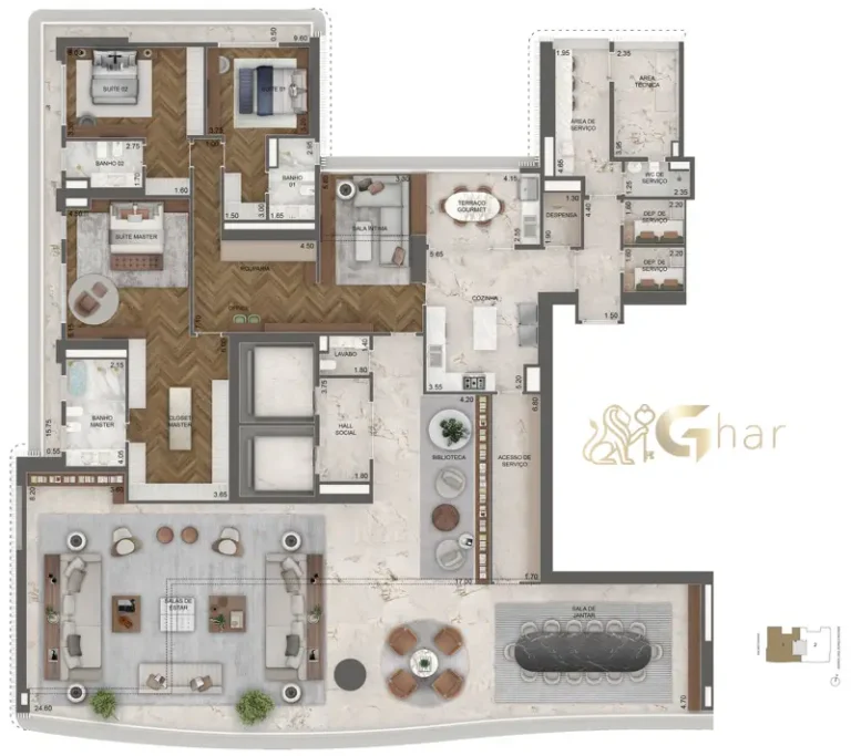 Planta 515 m² com 3 suítes e biblioteca no Vista Cyrela Furnished by Armani/Casa Torre Venezia