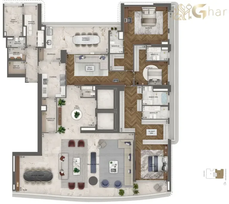 Planta 464 m² com 3 suítes e sala íntima do Vista Cyrela Furnished by Armani/Casa Torre Venezia