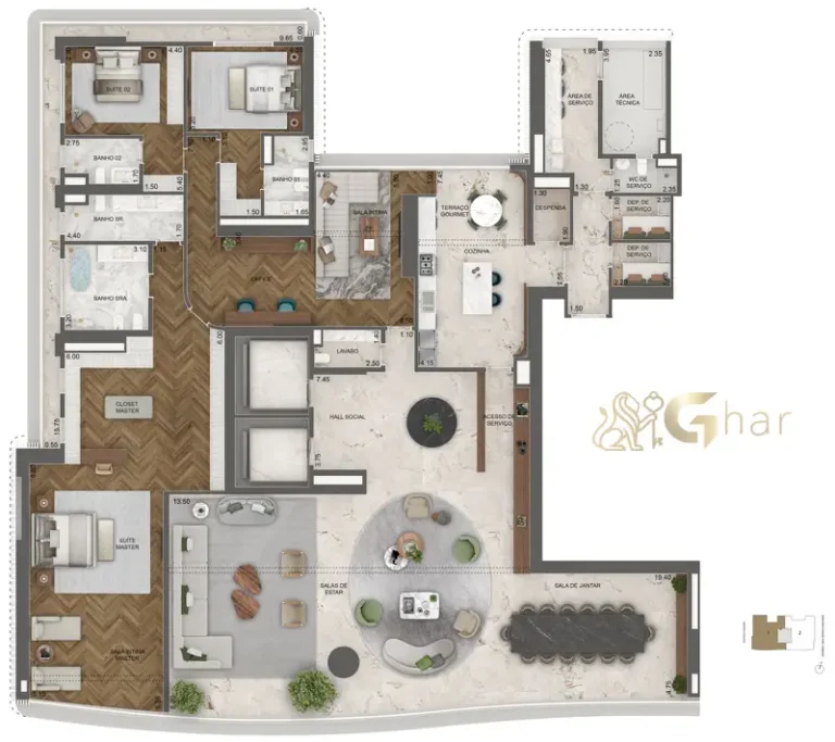 Planta 515 m² com 3 suítes e sala íntima do Vista Cyrela Furnished by Armani/Casa Torre Venezia