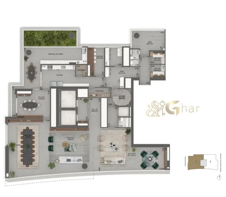 Planta pavimento inferior 811 m² do Vista Cyrela Furnished by Armani/Casa Torre Venezia