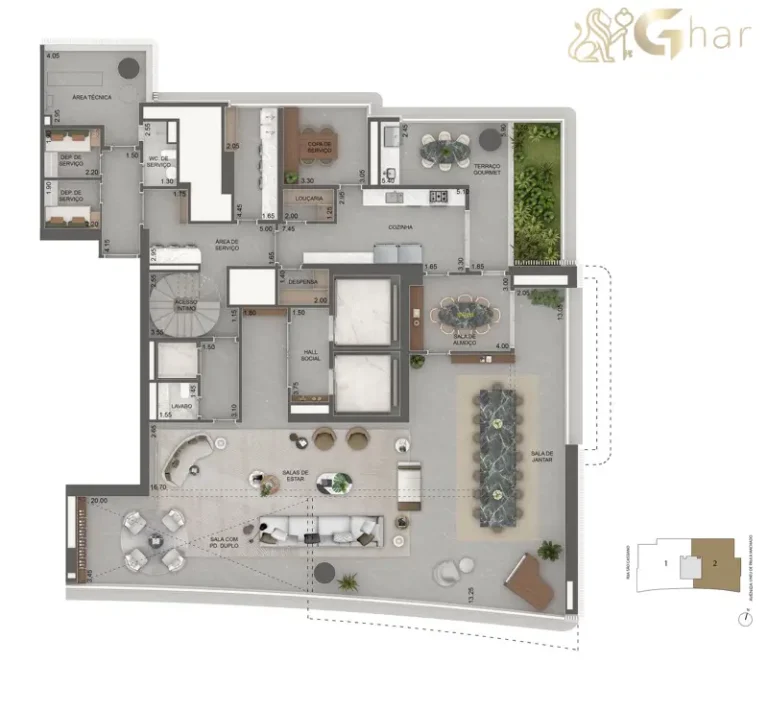 Planta pavimento inferior 811 m² do Vista Cyrela Furnished by Armani/Casa Torre Venezia