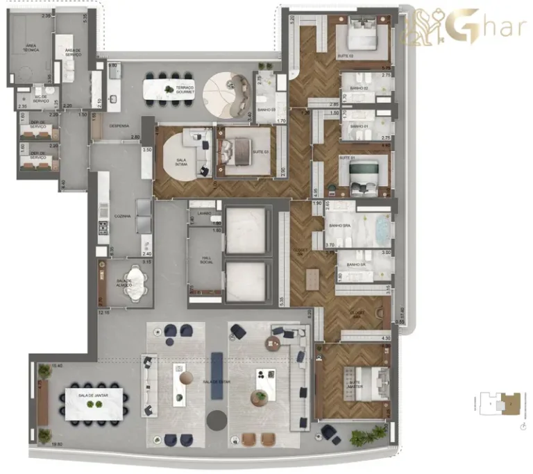 Planta 464 m² com 4 suítes e sala íntima do Vista Cyrela Furnished by Armani/Casa Torre Venezia