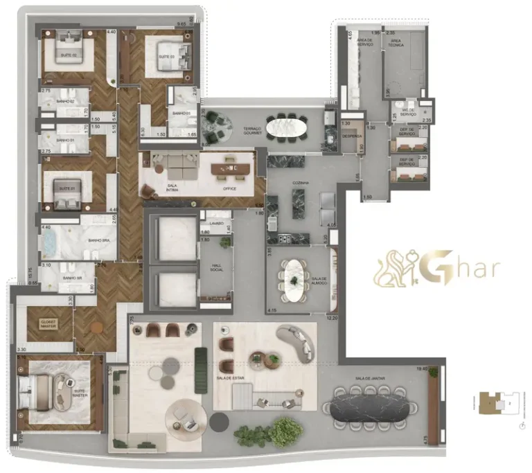 Planta 515 m² com 4 suítes e sala íntima do Vista Cyrela Furnished by Armani/Casa Torre Venezia