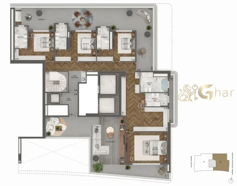 Planta pavimento superior 811 m² do Vista Cyrela Furnished by Armani/Casa Torre Venezia