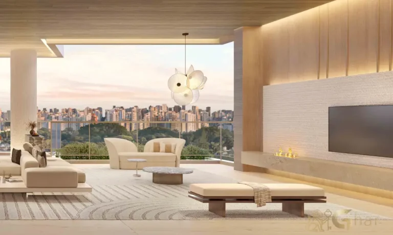 Living da penthouse no 54º pavimento do Vista Cyrela Furnished by ArmaniCasa – Torre Milano, com visual panorâmico e decoração assinada em estilo italiano.