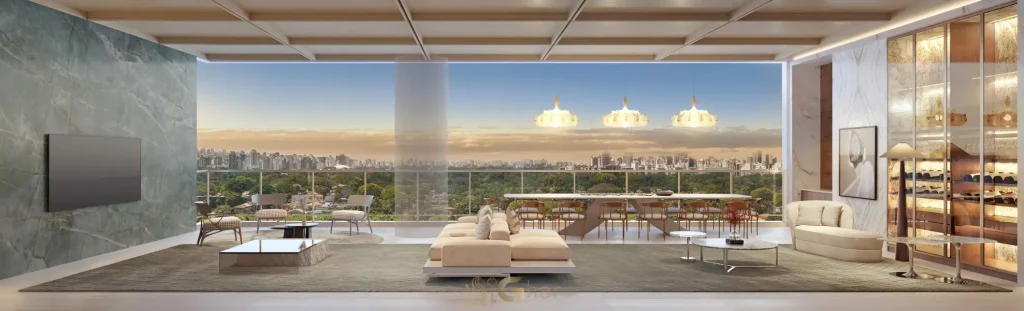 Living da penthouse no 54º pavimento do Vista Cyrela Furnished by ArmaniCasa – Torre Milano, com visual panorâmico e decoração assinada em estilo italiano.