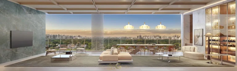 Living da penthouse no 54º pavimento do Vista Cyrela Furnished by ArmaniCasa – Torre Milano, com visual panorâmico e decoração assinada em estilo italiano.