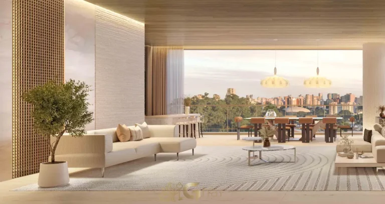 Living da penthouse no 54º pavimento do Vista Cyrela Furnished by ArmaniCasa – Torre Milano, com visual panorâmico e decoração assinada em estilo italiano.