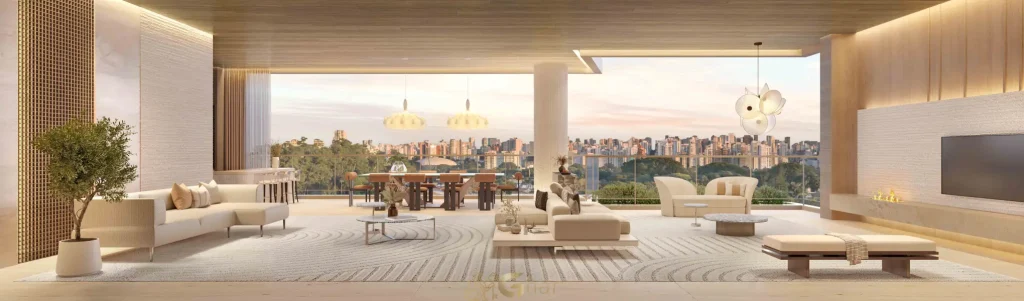 Living da penthouse no 54º pavimento do Vista Cyrela Furnished by ArmaniCasa – Torre Milano, com visual panorâmico e decoração assinada em estilo italiano.