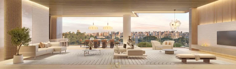 Living da penthouse no 54º pavimento do Vista Cyrela Furnished by ArmaniCasa – Torre Milano, com visual panorâmico e decoração assinada em estilo italiano.