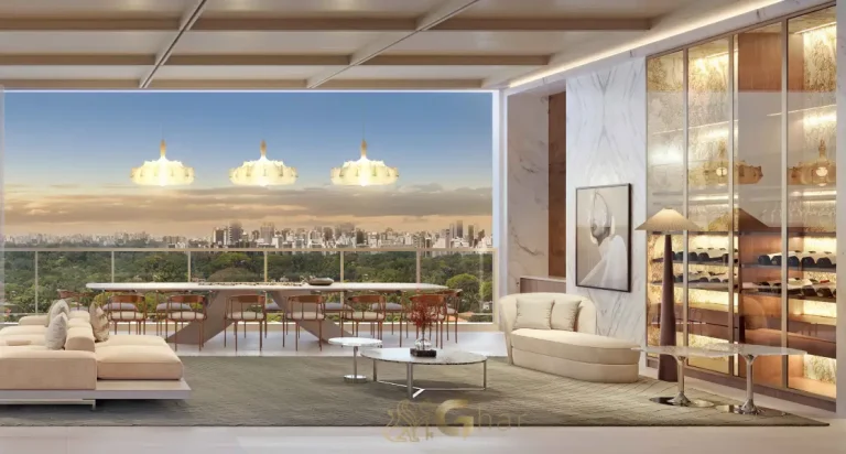 Living da penthouse no 54º pavimento do Vista Cyrela Furnished by ArmaniCasa – Torre Milano, com visual panorâmico e decoração assinada em estilo italiano.