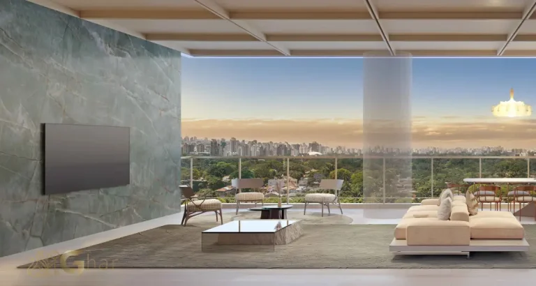 Living da penthouse no 54º pavimento do Vista Cyrela Furnished by ArmaniCasa – Torre Milano, com visual panorâmico e decoração assinada em estilo italiano.