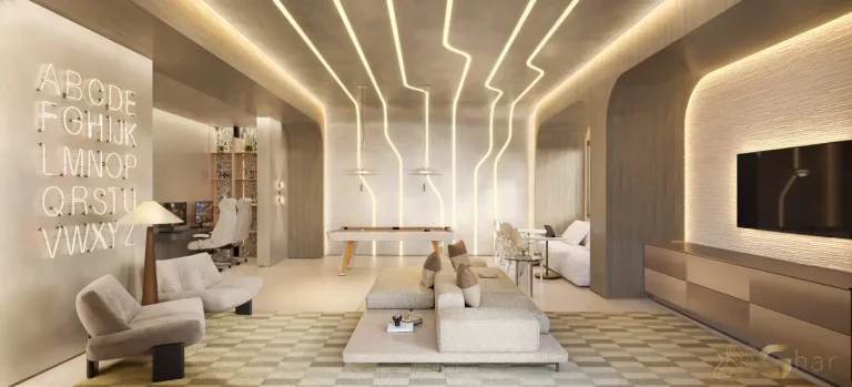 Living da penthouse no 54º pavimento do Vista Cyrela Furnished by ArmaniCasa – Torre Milano, com visual panorâmico e decoração assinada em estilo italiano.