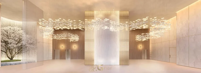 Living da penthouse no 54º pavimento do Vista Cyrela Furnished by ArmaniCasa – Torre Milano, com visual panorâmico e decoração assinada em estilo italiano.