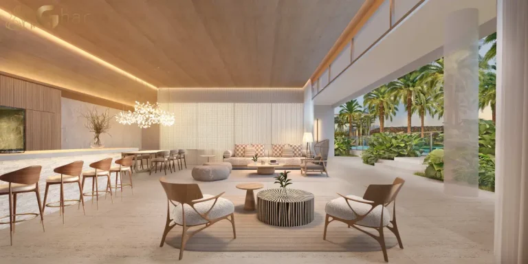 Living da penthouse no 54º pavimento do Vista Cyrela Furnished by ArmaniCasa – Torre Milano, com visual panorâmico e decoração assinada em estilo italiano.