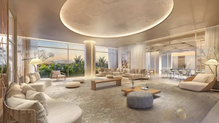 Living da penthouse no 54º pavimento do Vista Cyrela Furnished by ArmaniCasa – Torre Milano, com visual panorâmico e decoração assinada em estilo italiano.