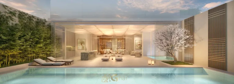 Living da penthouse no 54º pavimento do Vista Cyrela Furnished by ArmaniCasa – Torre Milano, com visual panorâmico e decoração assinada em estilo italiano.