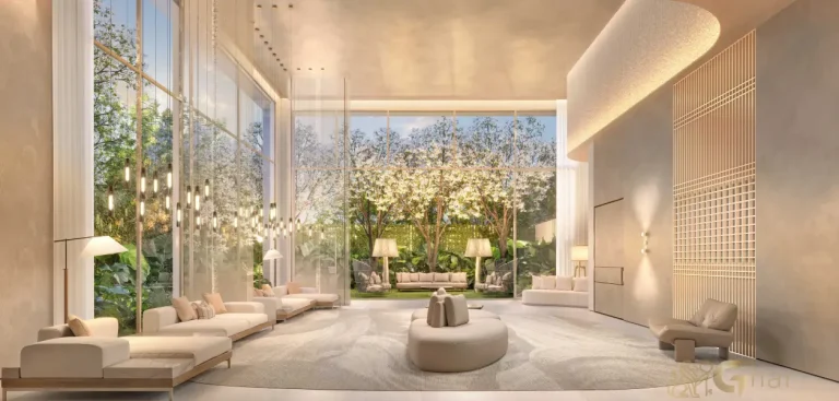 Living da penthouse no 54º pavimento do Vista Cyrela Furnished by ArmaniCasa – Torre Milano, com visual panorâmico e decoração assinada em estilo italiano.